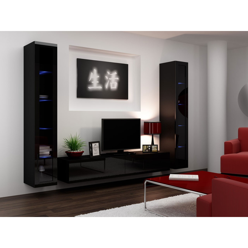 Obývací stěna s LED RGB osvětlením ASHTON 5 - černá / lesklá černá