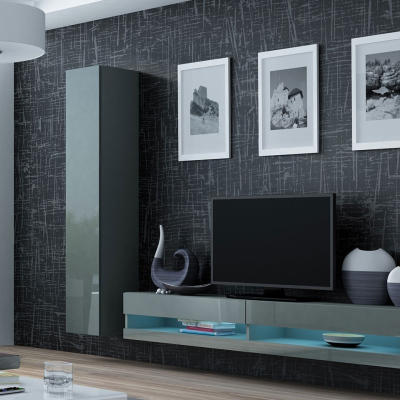 Stěna do obývacího pokoje s LED modrým osvětlením ASHTON N9 - šedá / lesklá šedá