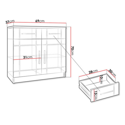 Kombinovaná komoda PARISA - šířka 69 cm, dub sonoma / bílá