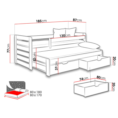 Rozkládací dětská postel 80x180 GERA - šedá / grafitová