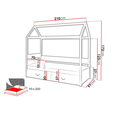 Dětská postel domeček se zábranou 90x200 SONTRA 2 - bílá