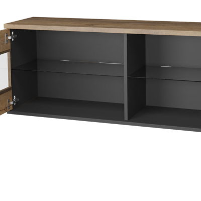 Závěsná vitrína s LED osvětlením YUNA - dub lefkas / černá