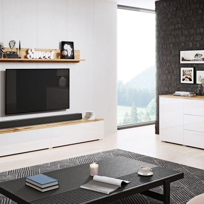 Nábytek do obývacího pokoje ROSARIO - dub wotan / lesklý bílý