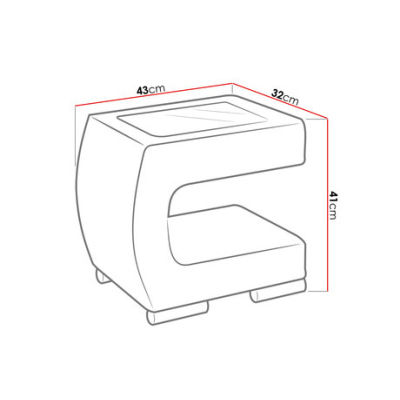 Noční stolek NELIA - šedá ekokůže + černé sklo, pravé provedení