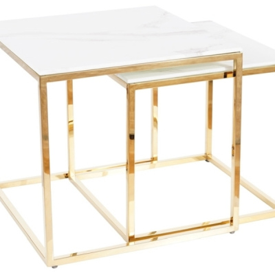 Set konferenčních stolků HIPOLIT - bílý mramor / zlatý