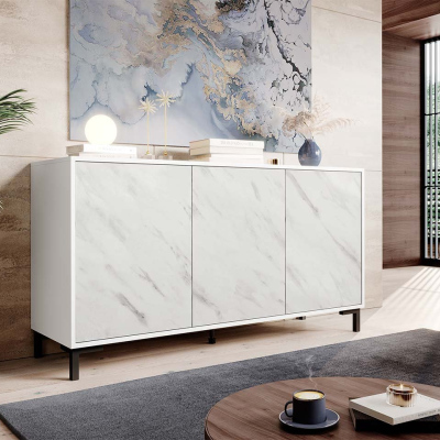Široká komoda s dvířky STOCK 1 - mramor / bílá