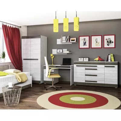 Široká kombinovaná komoda ILKO - bílá borovice / new grey