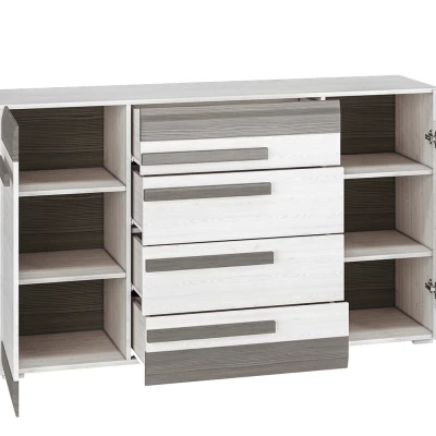 Široká kombinovaná komoda ILKO - bílá borovice / new grey