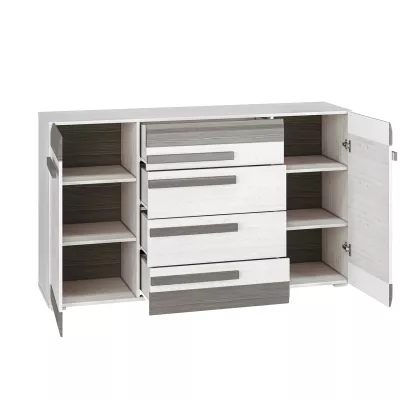 Široká kombinovaná komoda ILKO - bílá borovice / new grey