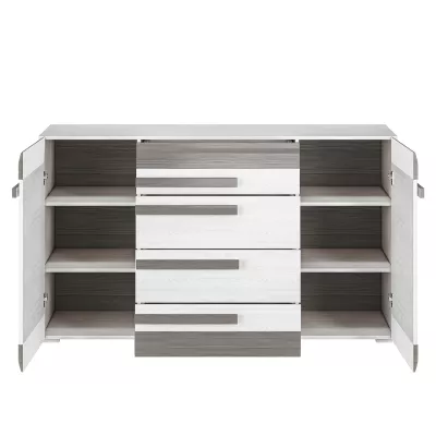 Široká kombinovaná komoda ILKO - bílá borovice / new grey