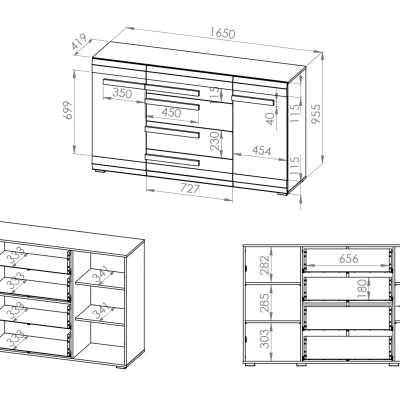 Široká kombinovaná komoda ILKO - bílá borovice / new grey