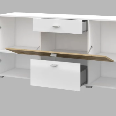 Široká kombinovaná komoda NIKOL - bílá / lesklá bílá / dub wotan