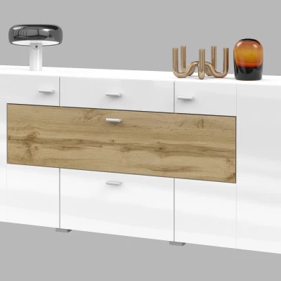 Široká kombinovaná komoda NIKOL - bílá / lesklá bílá / dub wotan