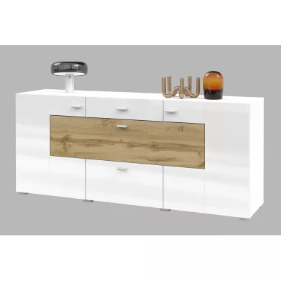 Široká kombinovaná komoda NIKOL - bílá / lesklá bílá / dub wotan
