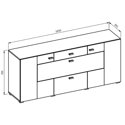 Široká kombinovaná komoda NIKOL - bílá / lesklá bílá / dub wotan