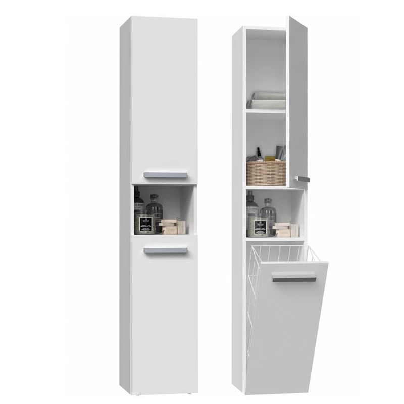 Úzká skříňka do koupelny s košem ATSO - matná bílá