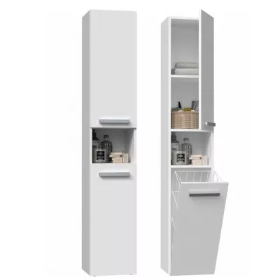 Úzká skříňka do koupelny s košem ATSO - matná bílá