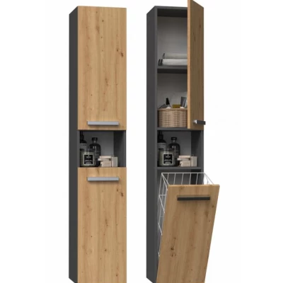 Úzká skříňka do koupelny s košem ATSO - dub artisan / antracitová