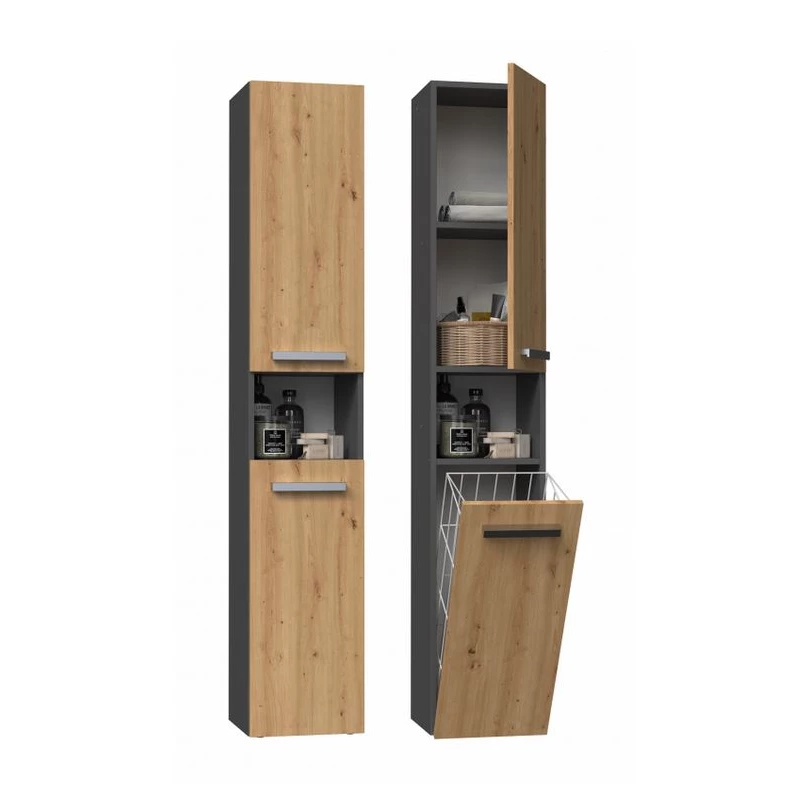 Úzká skříňka do koupelny s košem ATSO - dub artisan / antracitová