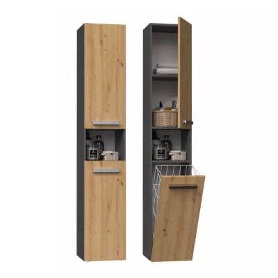 Úzká skříňka do koupelny s košem ATSO - dub artisan / antracitová