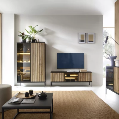 Prosklená komoda ILARIA - černá / dub wotan