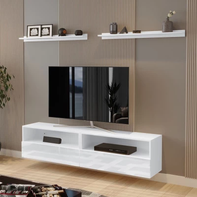 Set 2x závěsný stolek pod TV SALADO - bílý / lesklý bílý + 2x police ZDARMA