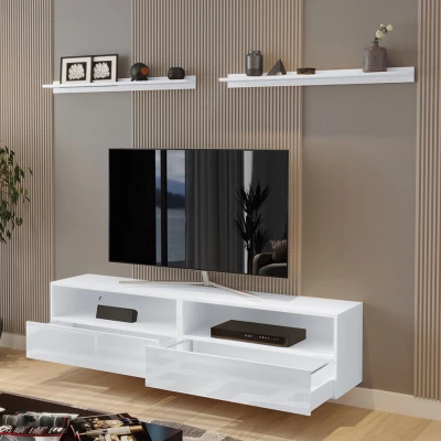 Set 2x závěsný stolek pod TV SALADO - bílý / lesklý bílý + 2x police ZDARMA