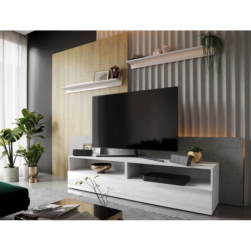 Set 2x stolek pod TV na nožkách SALADO - bílý / lesklý bílý + 2x police ZDARMA