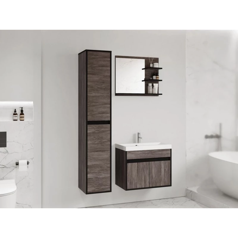 Koupelnová sestava se zrcadlem DENISON - modřín bodega / černý grafit