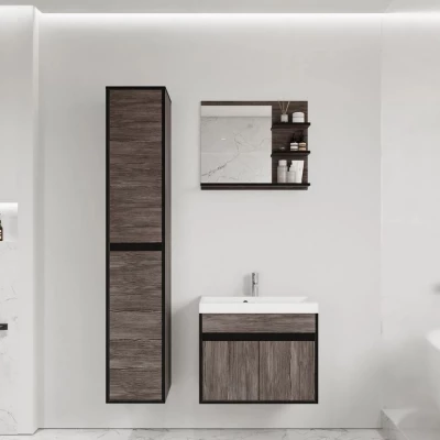 Koupelnová sestava se zrcadlem DENISON - modřín bodega / černý grafit