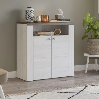 Policový botník s dvířky LEONOR - sibiu larche / dub sonoma lanýž