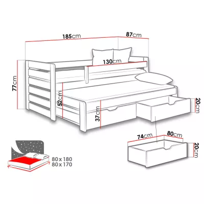 Rozkládací dětská postel 80x180 GERA - bílá / šedá
