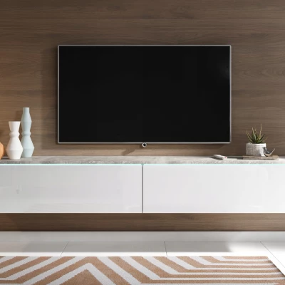 TV stolek CERIEE 180 - beton / bílá lesklá