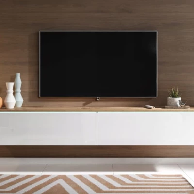 TV stolek CERIEE 180 - dub wotan / bílá lesklá