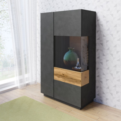 Vysoká komoda s prosklenou částí SHADI pravá, šedá/dub wotan