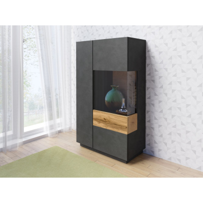 Vysoká komoda s prosklenou částí SHADI pravá, šedá/dub wotan