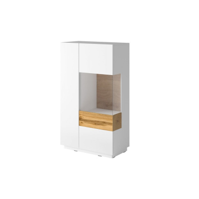 Vysoká komoda s prosklenou částí SHADI pravá, bílá + dub wotan