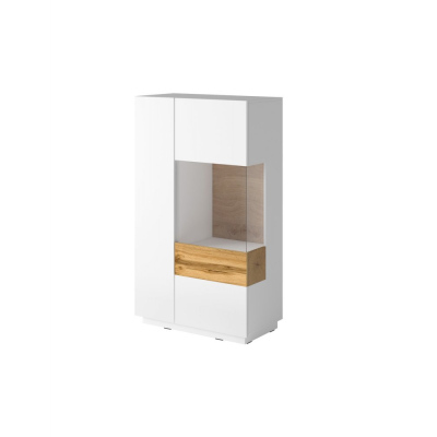 Vysoká komoda s prosklenou částí SHADI pravá, bílá + dub wotan