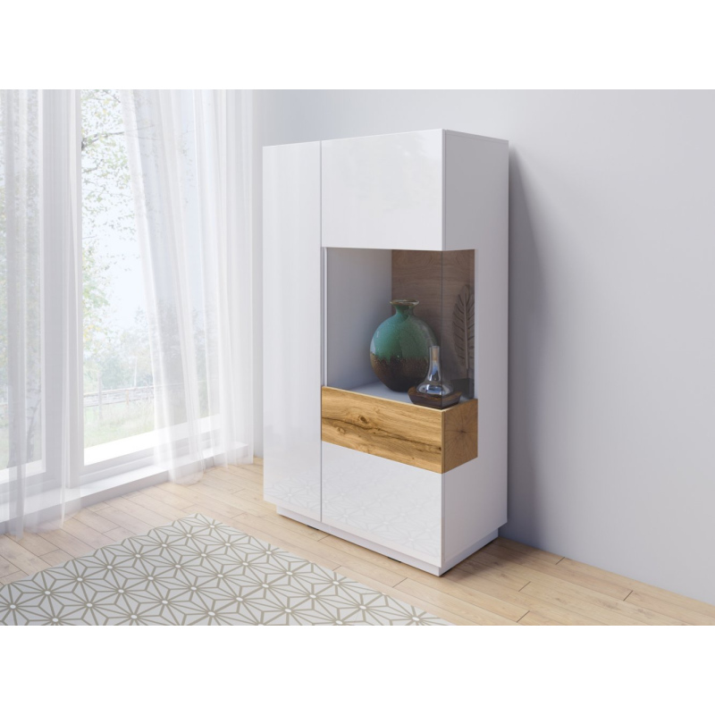 Vysoká komoda s prosklenou částí SHADI pravá, bílá + dub wotan