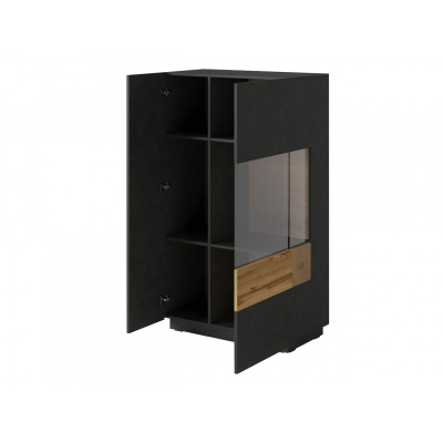 Vysoká komoda s prosklenou částí SHADI pravá, bílá + dub wotan